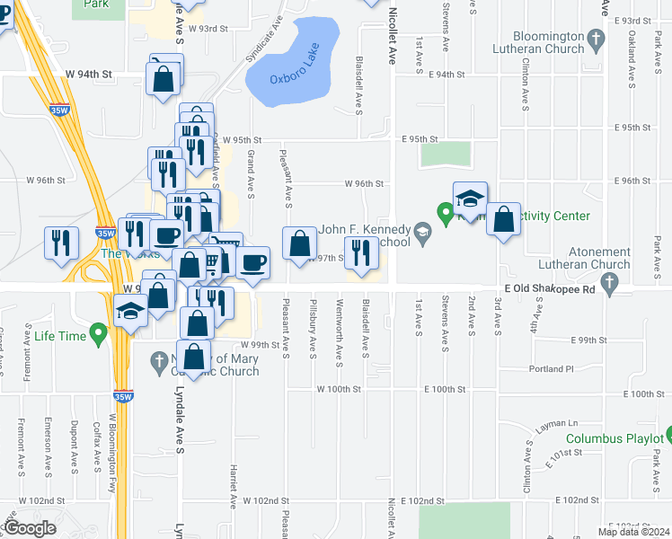 map of restaurants, bars, coffee shops, grocery stores, and more near 140 West 98th Street in Bloomington