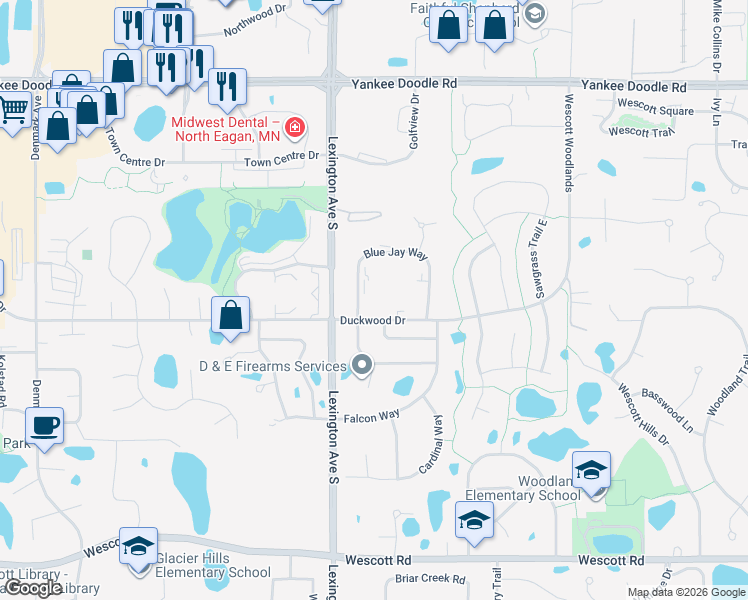 map of restaurants, bars, coffee shops, grocery stores, and more near 3584 Blue Jay Way in Eagan