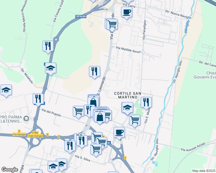 map of restaurants, bars, coffee shops, grocery stores, and more near Stradello Milena Pavlovic Barilli in Parma