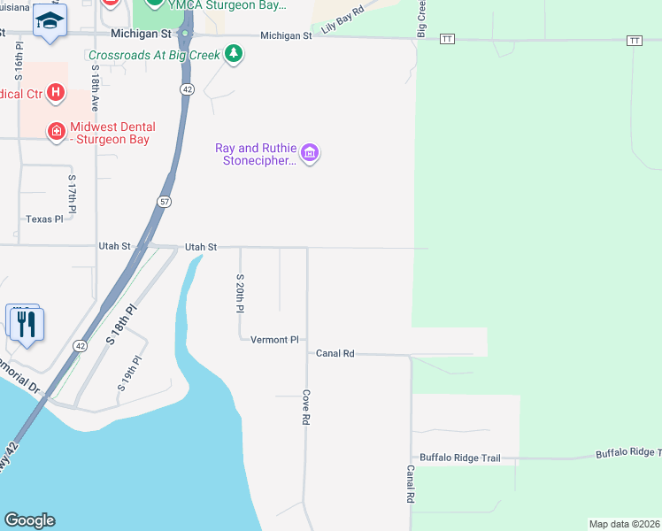 map of restaurants, bars, coffee shops, grocery stores, and more near 814 Cove Road in Sturgeon Bay