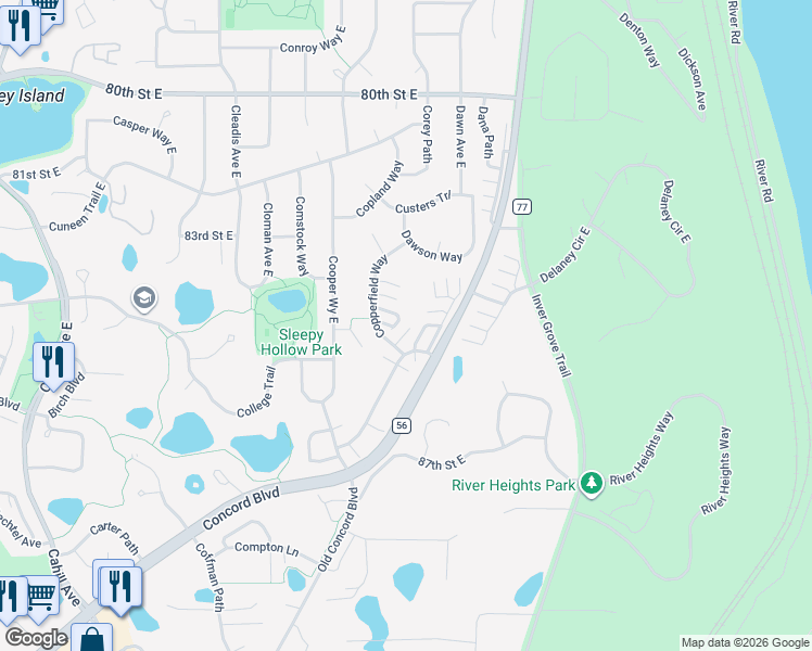 map of restaurants, bars, coffee shops, grocery stores, and more near 8377 Corcoran Circle in Inver Grove Heights