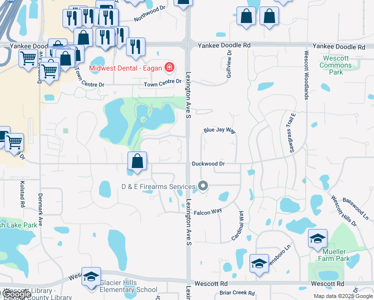 map of restaurants, bars, coffee shops, grocery stores, and more near 3589 Blue Jay Way in Eagan