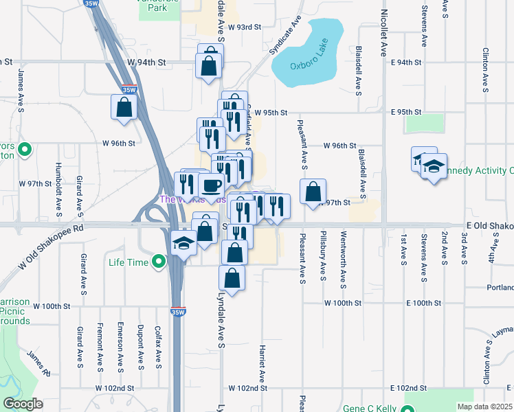 map of restaurants, bars, coffee shops, grocery stores, and more near 9684-9798 West 97th 1/2 Street in Bloomington