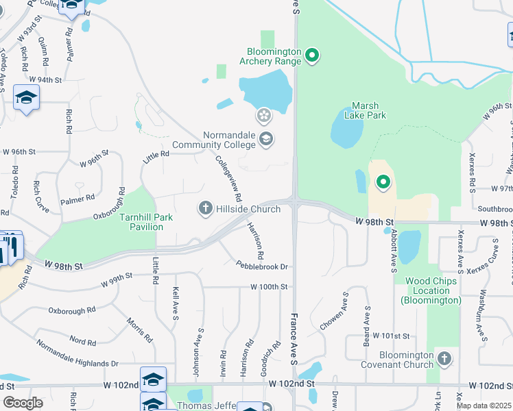 map of restaurants, bars, coffee shops, grocery stores, and more near 4098 West 98th Street in Bloomington