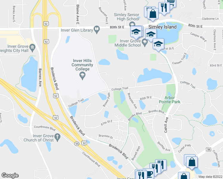 map of restaurants, bars, coffee shops, grocery stores, and more near 8205 College Trail in Inver Grove Heights