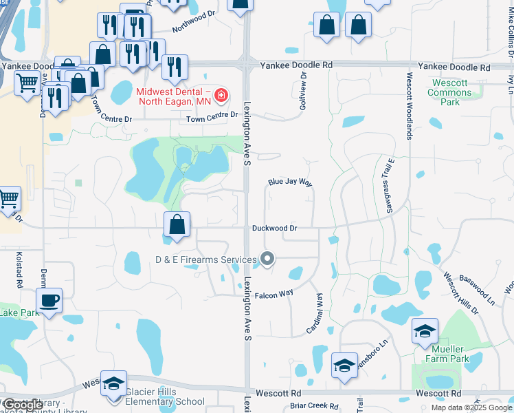 map of restaurants, bars, coffee shops, grocery stores, and more near 3589 Blue Jay Way in Eagan