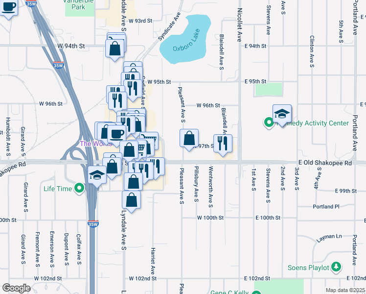 map of restaurants, bars, coffee shops, grocery stores, and more near 9710 Pleasant Avenue South in Bloomington