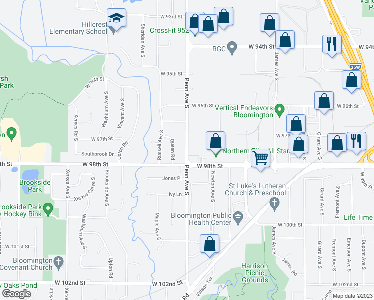 map of restaurants, bars, coffee shops, grocery stores, and more near 9750 Penn Avenue South in Bloomington