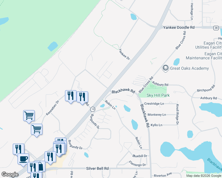 map of restaurants, bars, coffee shops, grocery stores, and more near 3576 Sibley Memorial Highway in Eagan