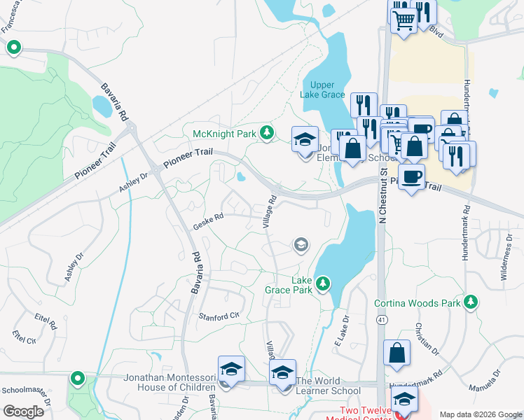 map of restaurants, bars, coffee shops, grocery stores, and more near 1514 Millpond Court in Chaska