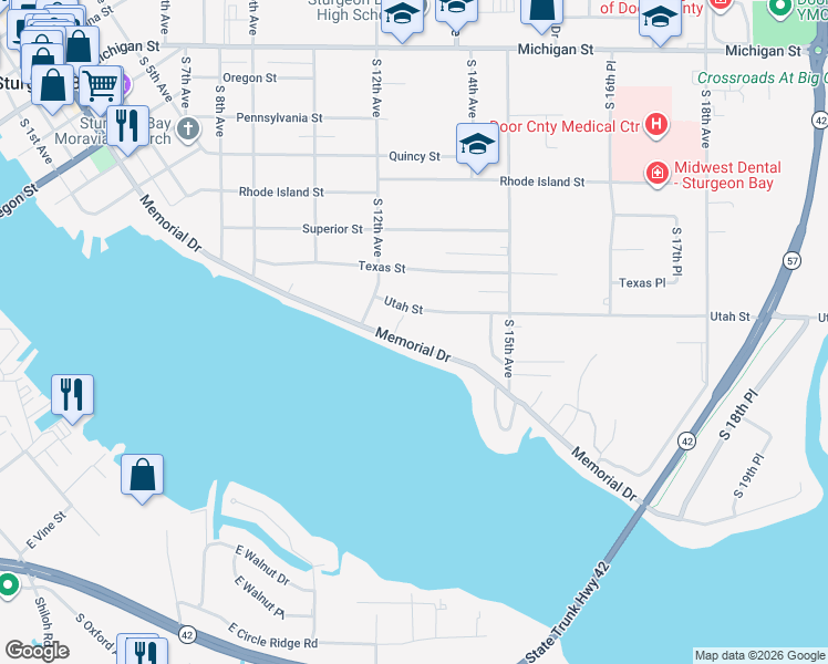 map of restaurants, bars, coffee shops, grocery stores, and more near 1236 Memorial Drive in Sturgeon Bay