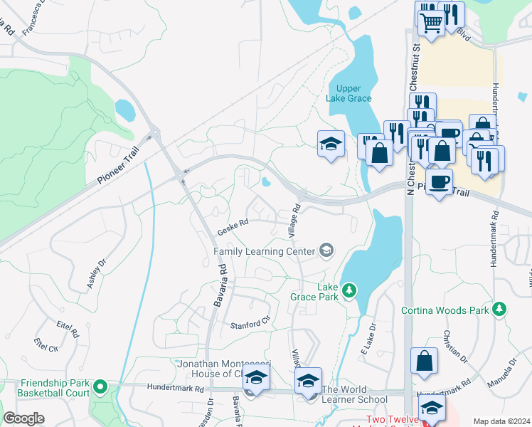 map of restaurants, bars, coffee shops, grocery stores, and more near 1606 Geske Road in Chaska