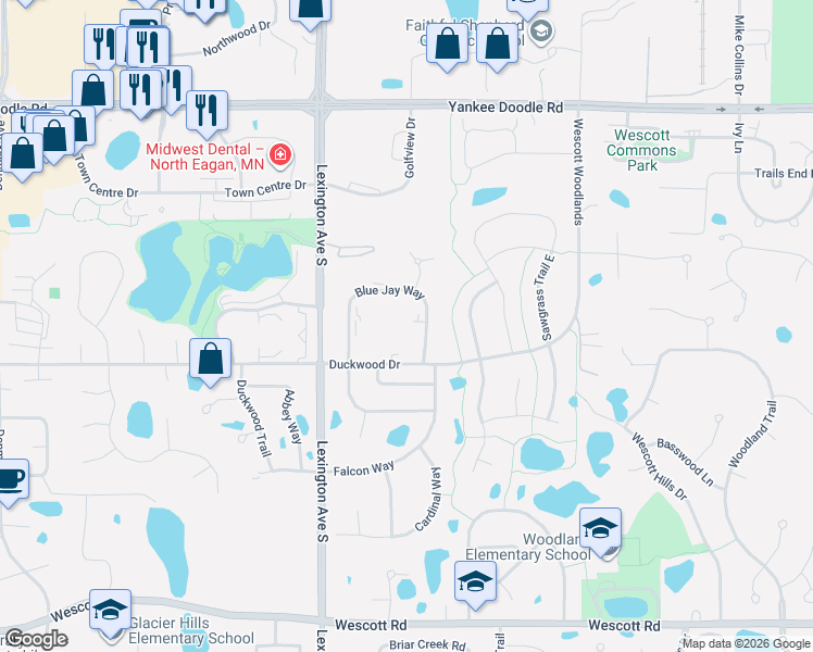 map of restaurants, bars, coffee shops, grocery stores, and more near 3584 Blue Jay Way in Saint Paul