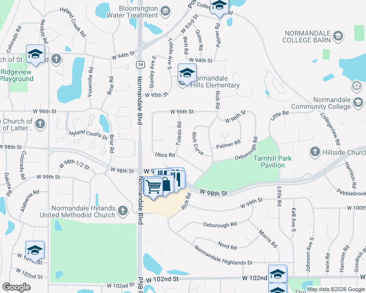 map of restaurants, bars, coffee shops, grocery stores, and more near 9709 Toledo Road in Minneapolis