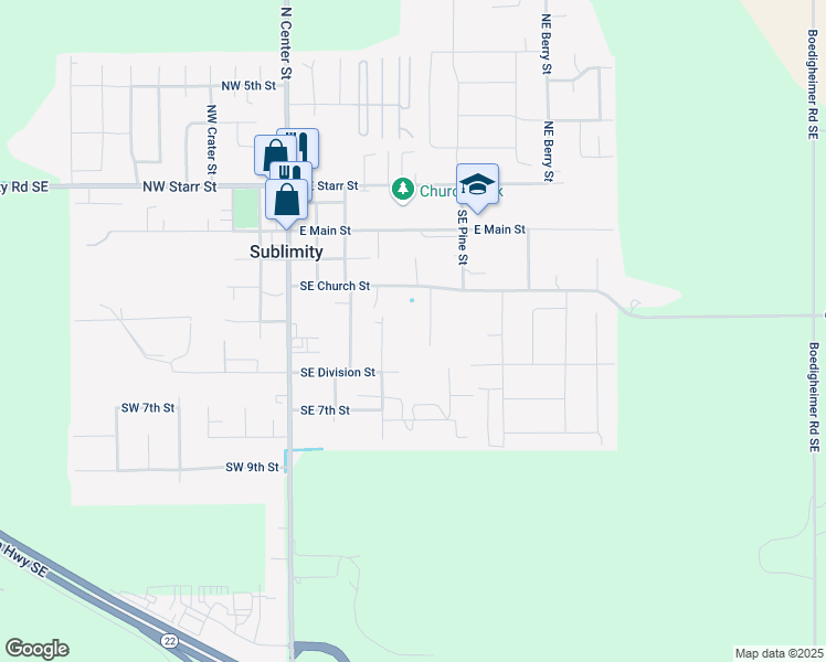 map of restaurants, bars, coffee shops, grocery stores, and more near 390 Southeast Church Street in Sublimity