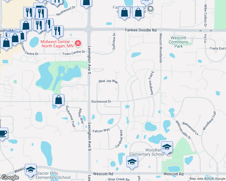 map of restaurants, bars, coffee shops, grocery stores, and more near 3584 Blue Jay Way in Saint Paul