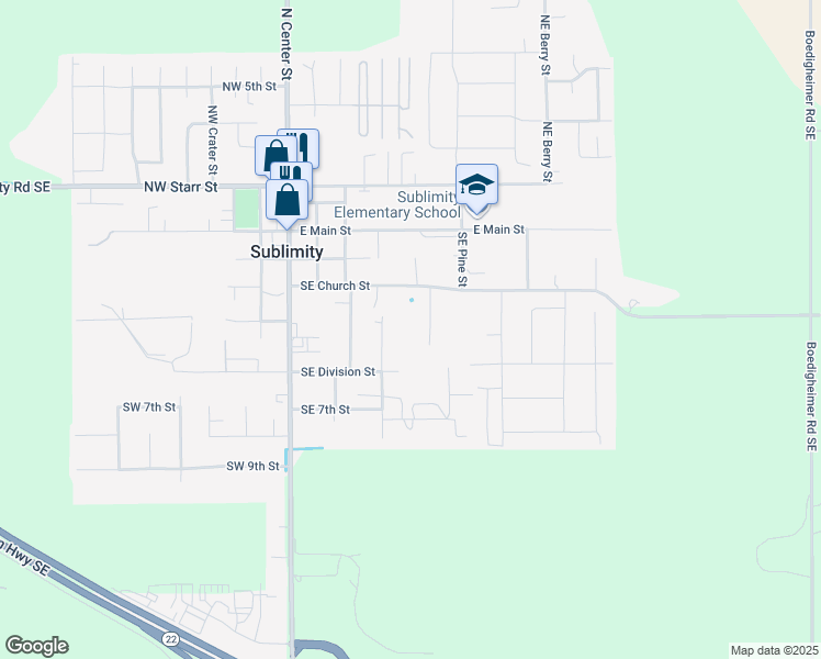 map of restaurants, bars, coffee shops, grocery stores, and more near 390 Southeast Church Street in Sublimity