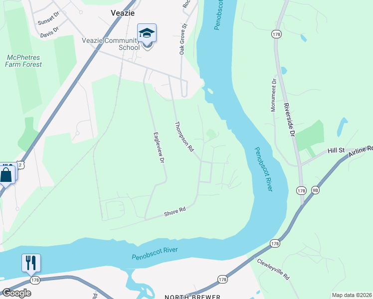 map of restaurants, bars, coffee shops, grocery stores, and more near 29 Thompson Road in Veazie