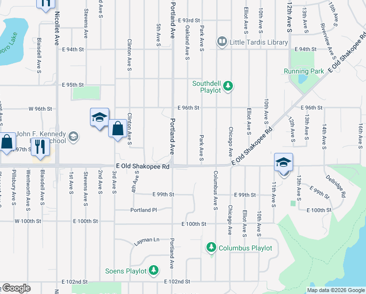 map of restaurants, bars, coffee shops, grocery stores, and more near 9706 Oakland Avenue South in Minneapolis
