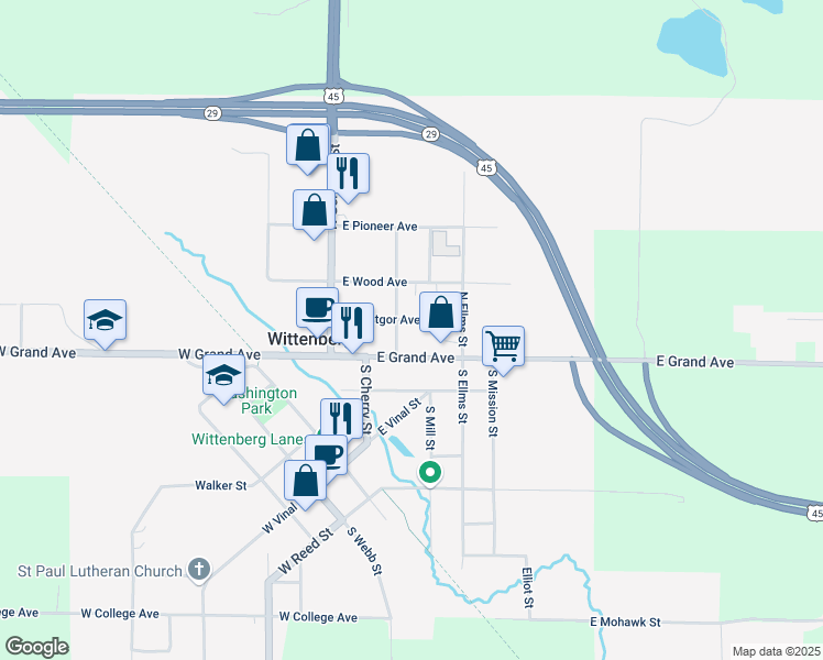 map of restaurants, bars, coffee shops, grocery stores, and more near 106 North Meisner Street in Wittenberg