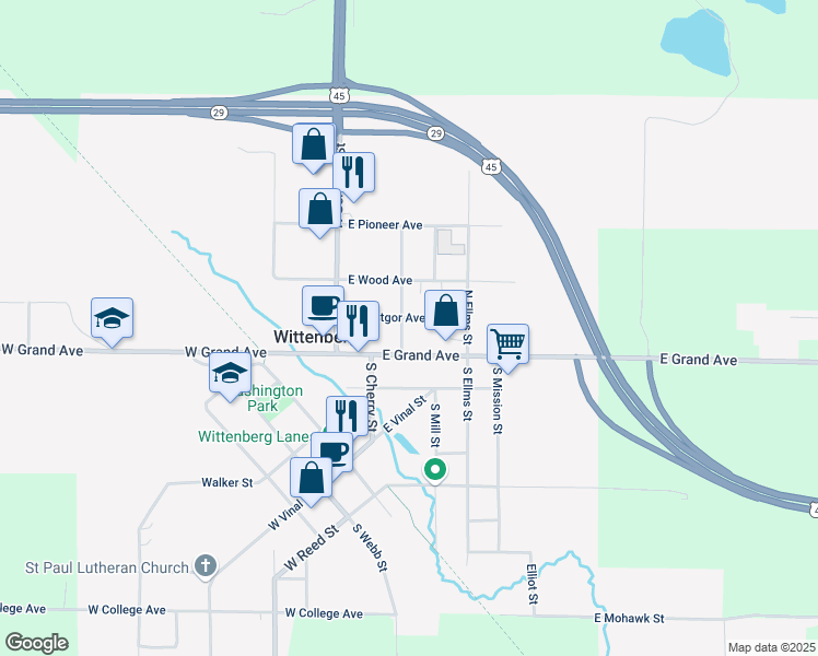 map of restaurants, bars, coffee shops, grocery stores, and more near 106 North Meisner Street in Wittenberg