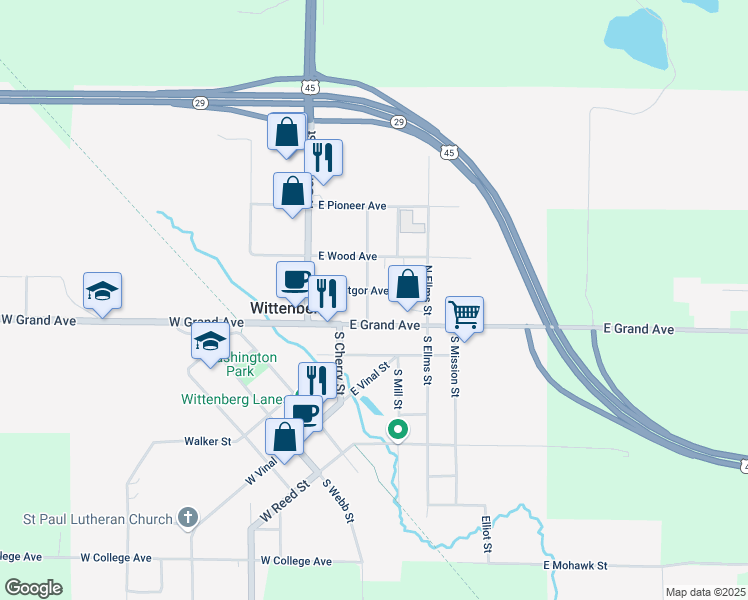 map of restaurants, bars, coffee shops, grocery stores, and more near 106 N Meisner St in Wittenberg
