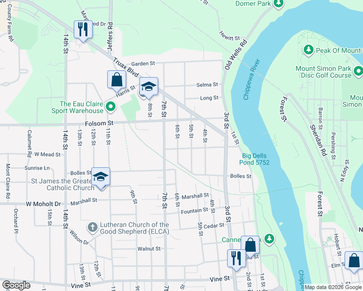 map of restaurants, bars, coffee shops, grocery stores, and more near 518 Mead Street in Eau Claire