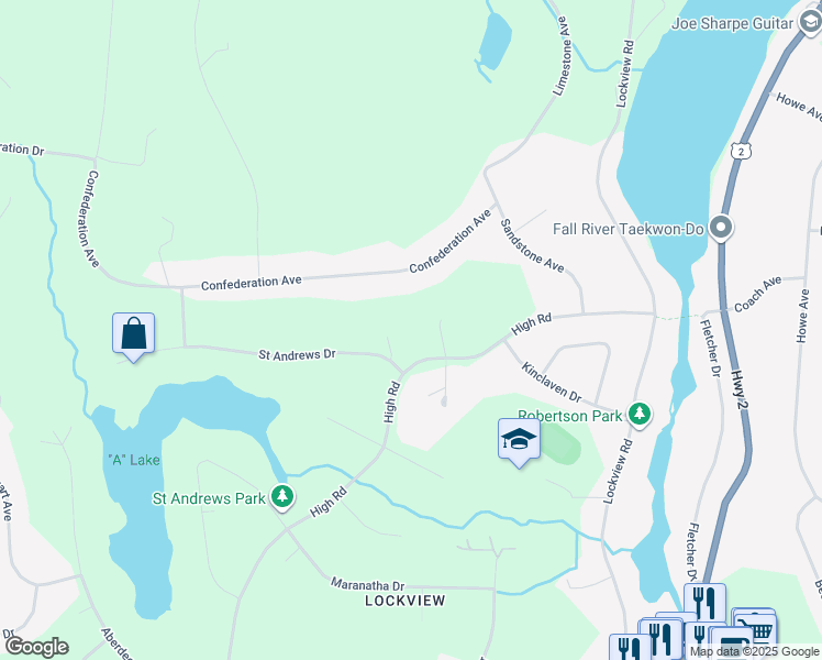 map of restaurants, bars, coffee shops, grocery stores, and more near 199 High Road in Fall River