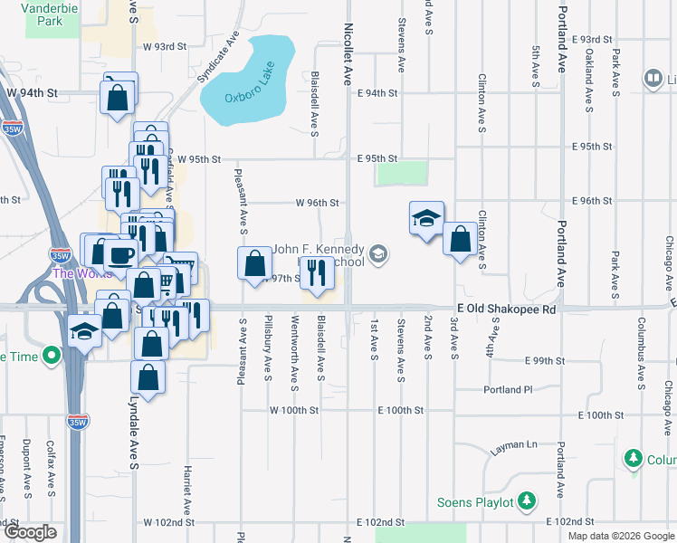 map of restaurants, bars, coffee shops, grocery stores, and more near 9745 Blaisdell Avenue South in Bloomington
