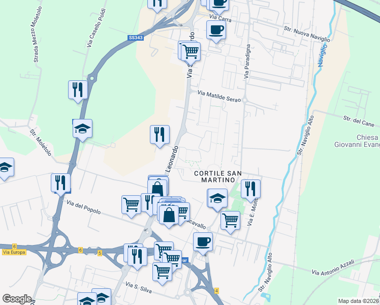 map of restaurants, bars, coffee shops, grocery stores, and more near 5 Via Rosa Luxemburg in Parma