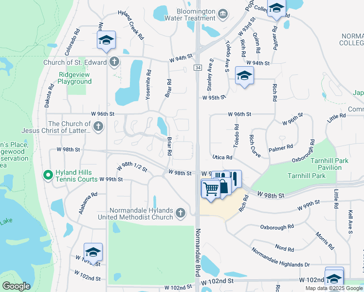 map of restaurants, bars, coffee shops, grocery stores, and more near 5325 Highpointe Terrace in Bloomington