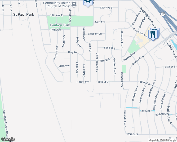 map of restaurants, bars, coffee shops, grocery stores, and more near 1661 Dixon Drive in Saint Paul Park