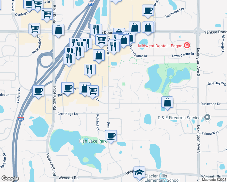 map of restaurants, bars, coffee shops, grocery stores, and more near 1276 Ironwood Ln in Eagan