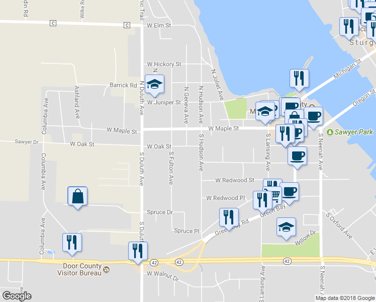 map of restaurants, bars, coffee shops, grocery stores, and more near 529 West Oak Street in Sturgeon Bay