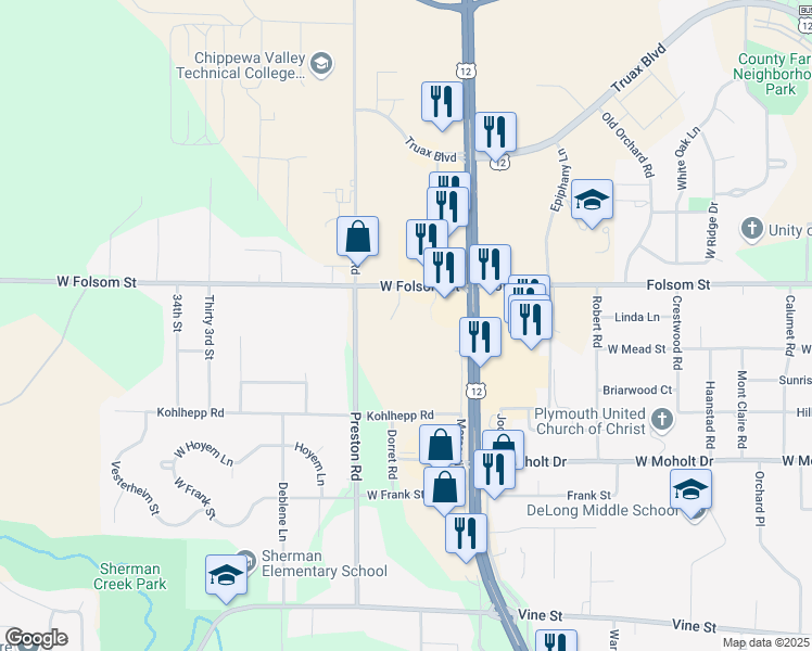 map of restaurants, bars, coffee shops, grocery stores, and more near 2817 Prestige Court in Eau Claire