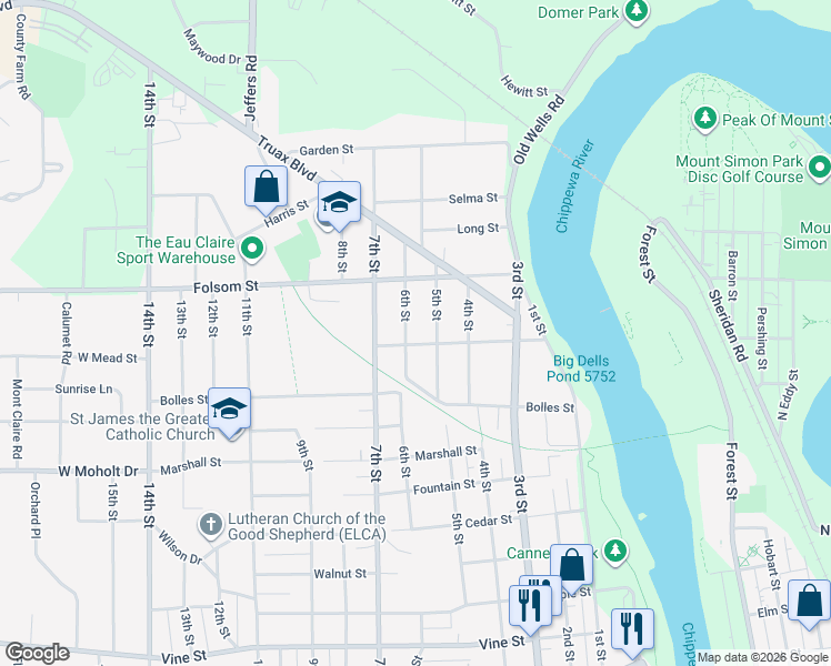 map of restaurants, bars, coffee shops, grocery stores, and more near 518 Mead Street in Eau Claire
