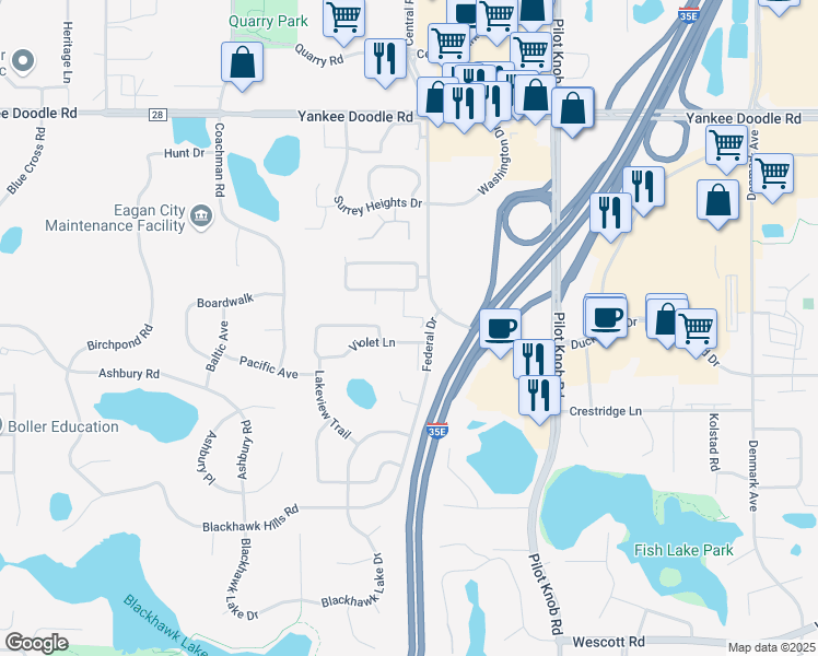map of restaurants, bars, coffee shops, grocery stores, and more near 3523 Federal Drive in Eagan