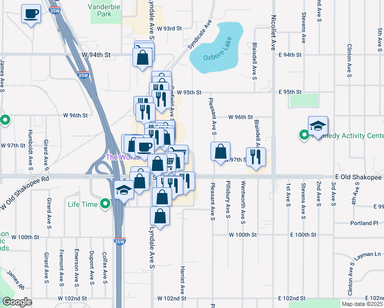map of restaurants, bars, coffee shops, grocery stores, and more near 9798 West 97th 1/2 Street in Bloomington