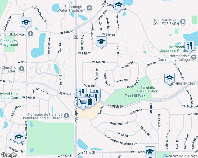 map of restaurants, bars, coffee shops, grocery stores, and more near 9709 Toledo Road in Minneapolis