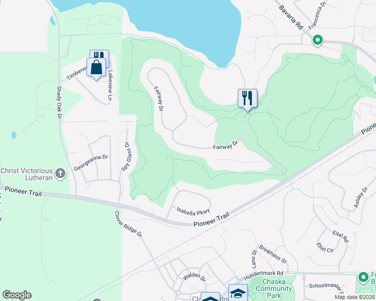 map of restaurants, bars, coffee shops, grocery stores, and more near 2908 Fairway Drive in Chaska