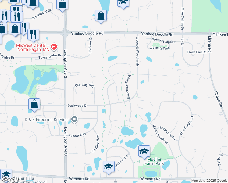 map of restaurants, bars, coffee shops, grocery stores, and more near 3532 Sawgrass Trail West in Eagan