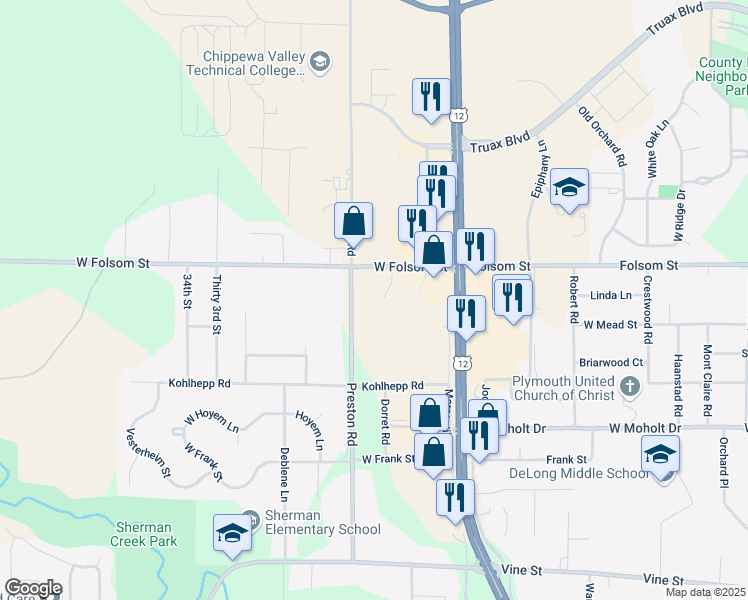 map of restaurants, bars, coffee shops, grocery stores, and more near 2810 Prestige Court in Eau Claire
