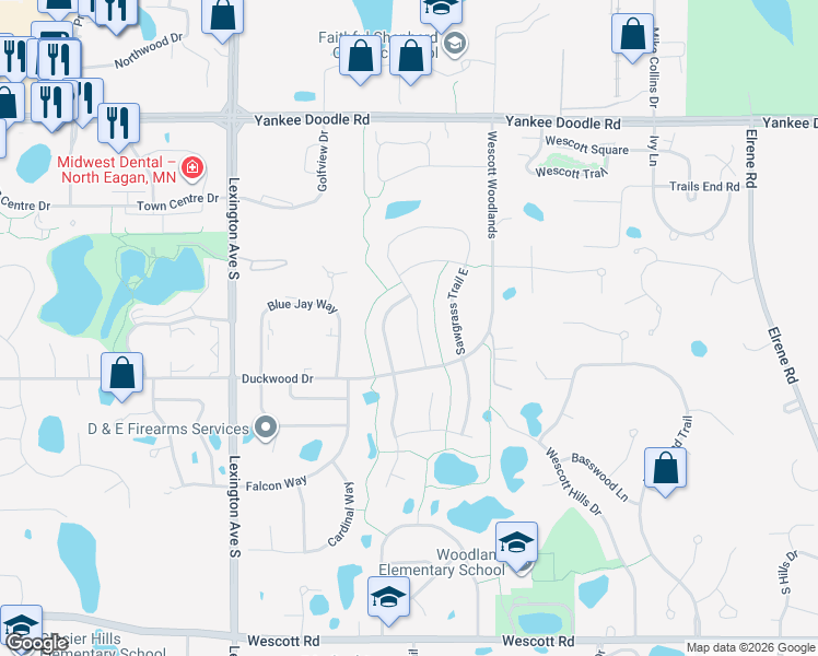 map of restaurants, bars, coffee shops, grocery stores, and more near 3532 Sawgrass Trail West in Eagan