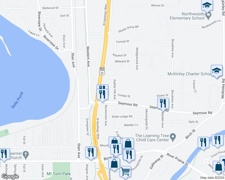 map of restaurants, bars, coffee shops, grocery stores, and more near 1044 Zephyr Hill Avenue in Eau Claire