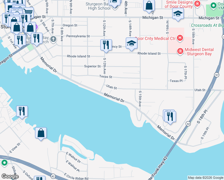 map of restaurants, bars, coffee shops, grocery stores, and more near 1236 Memorial Drive in Sturgeon Bay
