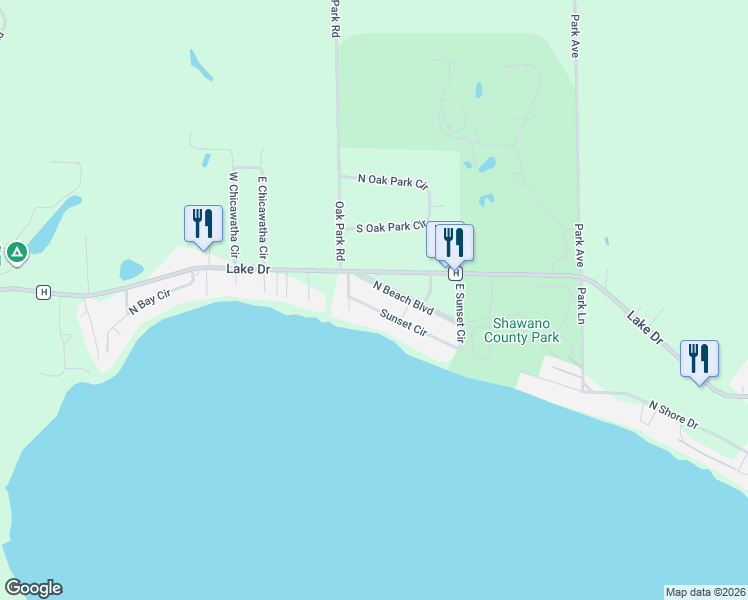 map of restaurants, bars, coffee shops, grocery stores, and more near 5860 Sunset Circle in Shawano