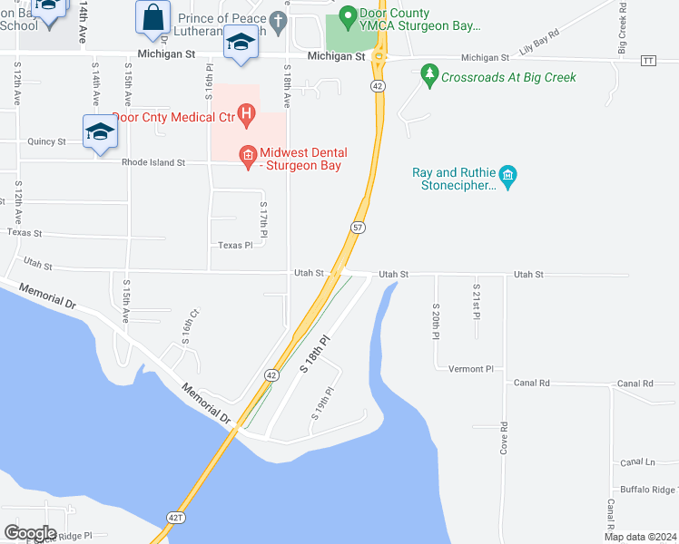 map of restaurants, bars, coffee shops, grocery stores, and more near 901 Highway 57 in Sturgeon Bay
