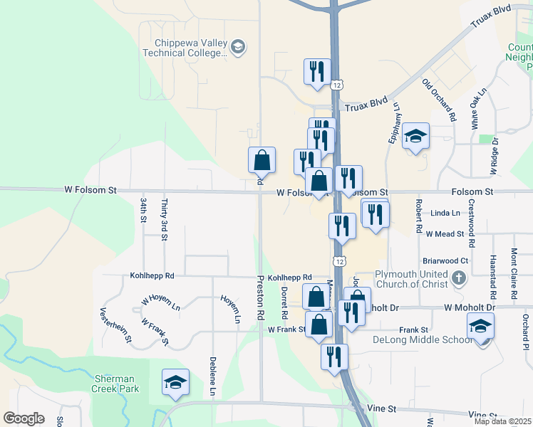 map of restaurants, bars, coffee shops, grocery stores, and more near 2810 Prestige Court in Eau Claire
