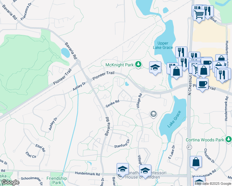 map of restaurants, bars, coffee shops, grocery stores, and more near 1593 Geske Road in Chaska