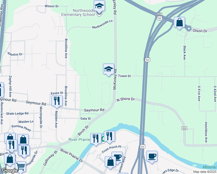 map of restaurants, bars, coffee shops, grocery stores, and more near 3626 Seymour Road in Eau Claire